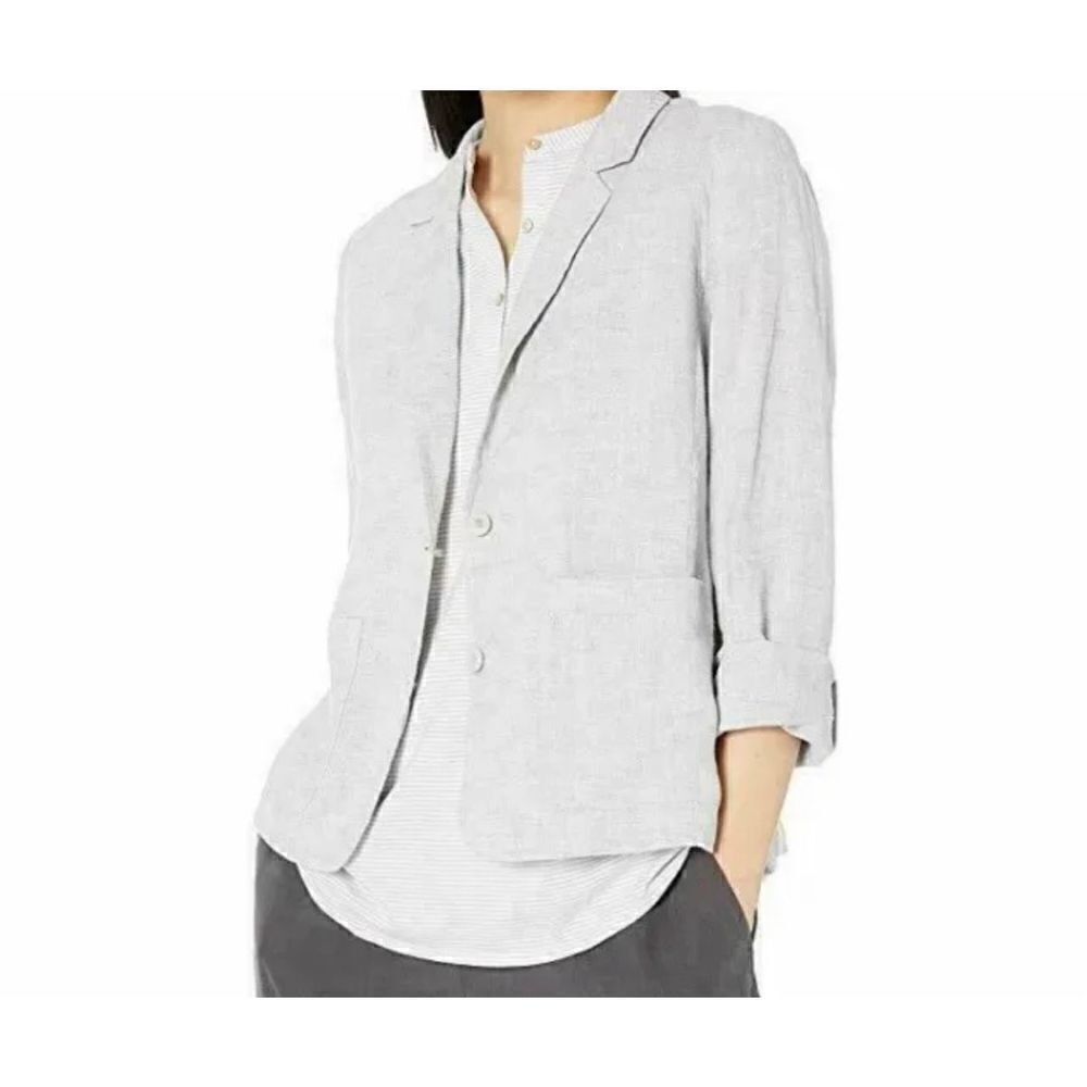 EILEEN FISHER Metallic-Accented Shaped Two-Button Linen Blazer Jacket PEARL